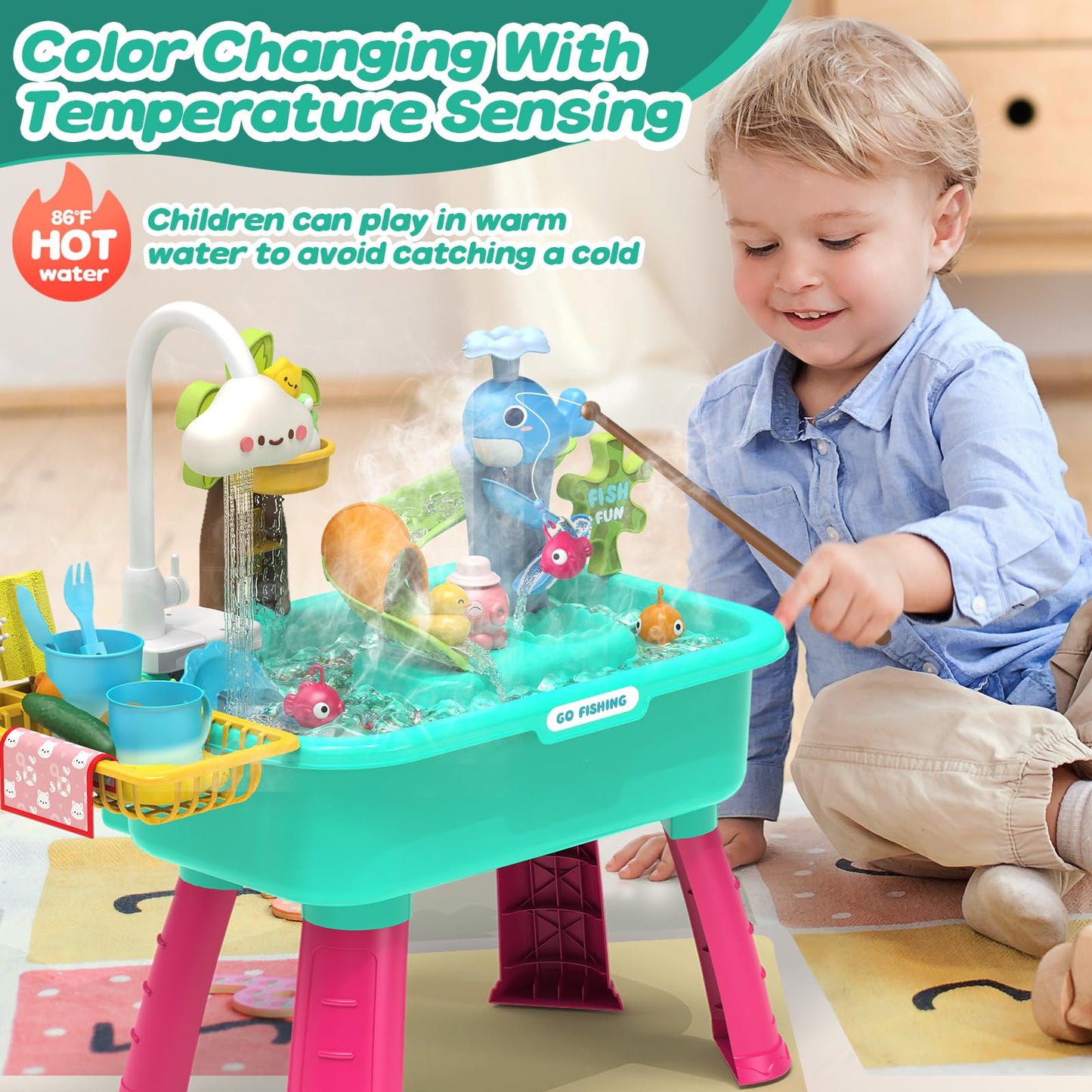 Color Changing Kitchen Play Sink Toys with Running Water for Kid,Electric Water Table with Animals, Food, Tableware Accessories,