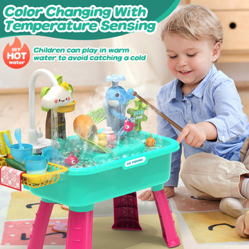 Color Changing Kitchen Play Sink Toys with Running Water for Kid,Electric Water Table with Animals, Food, Tableware Accessories,