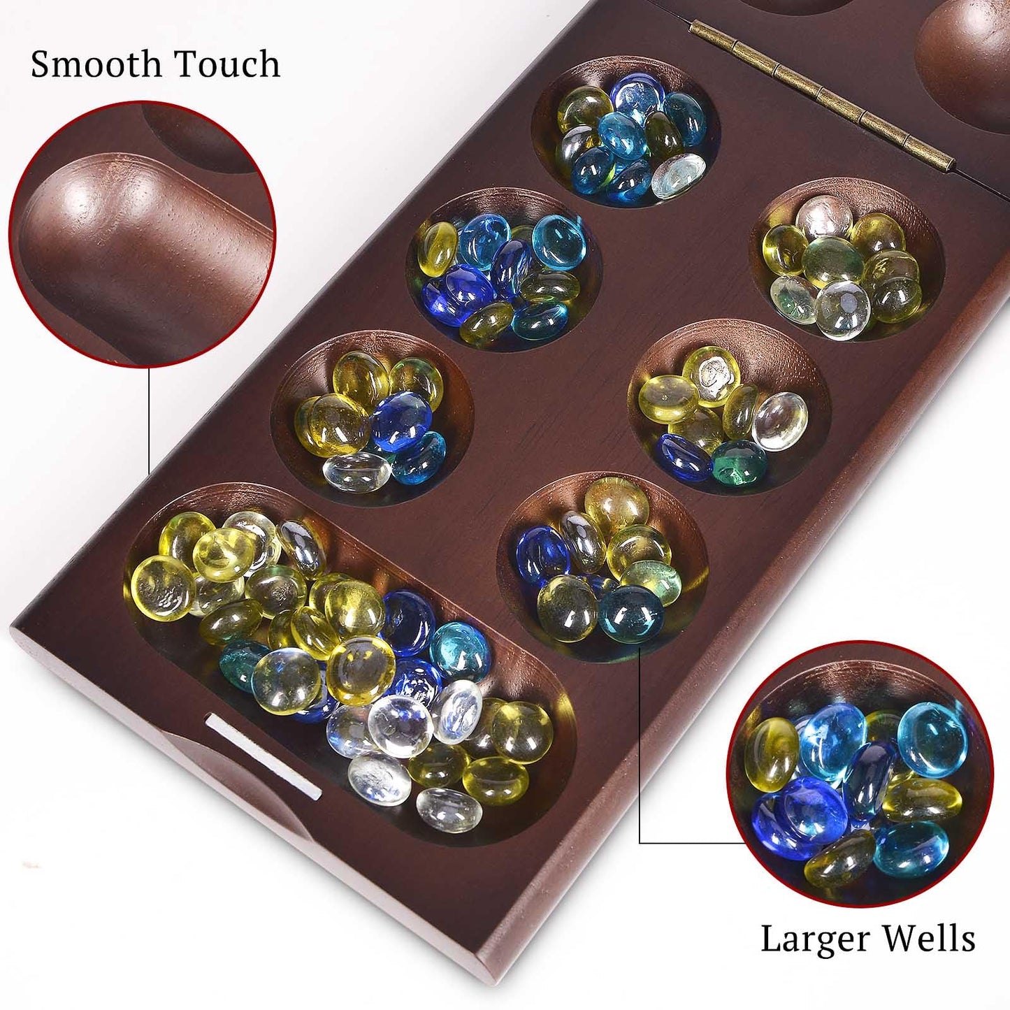 Vamslove Wooden Mancala Board Game With Magnetic Lock / 48+8 Extra Multi Color Glass Stones, Folding Mancala Set For 2 Player, 6 Age And Up (Instructions Included)