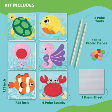 jackinthebox Poke Poke Art - Ocean Animals Like Crab, Turtle, Clownfish, Sea Horse, Jellyfish, Pufferfish, Mess-Free Sewing Art