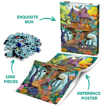 Fantasy Magic Treehouse Puzzles For Adults 1000 Piece, Funny Nature Tree Jigsaw Puzzle, Colorful Plant Flower Puzzle