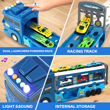ITEFDTUTNE Carrier Truck Race Car Track Set for Toddlers Toys, 4 FT Race Track and 6 Die-Cast Toy Cars, Truck Toy with Lights &