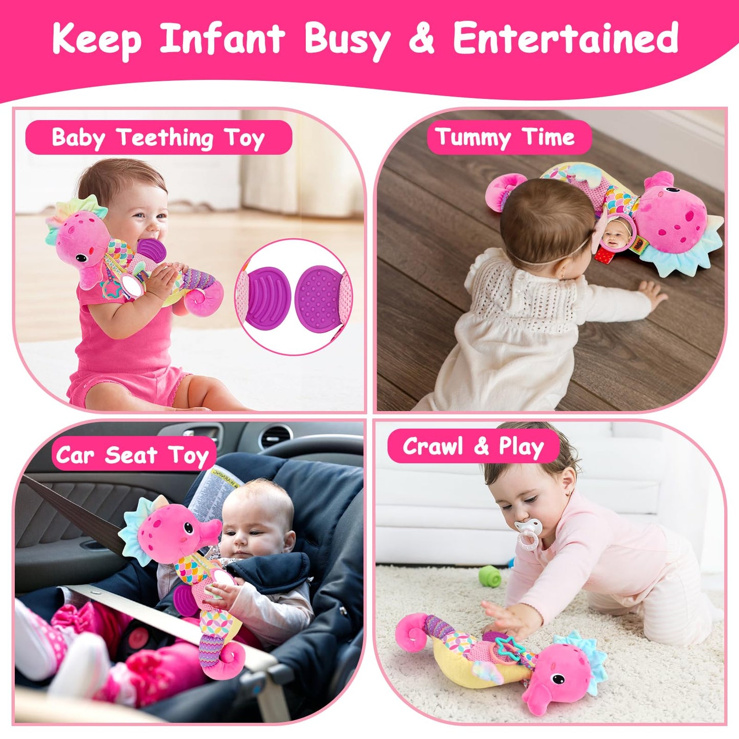 Baby Sensory Toys 0-6 3-6 Months Musical Stuffed Animal Plush Pink Seahorse For Infant 6-12 Month Tummy Time With Baby Mirror Ne