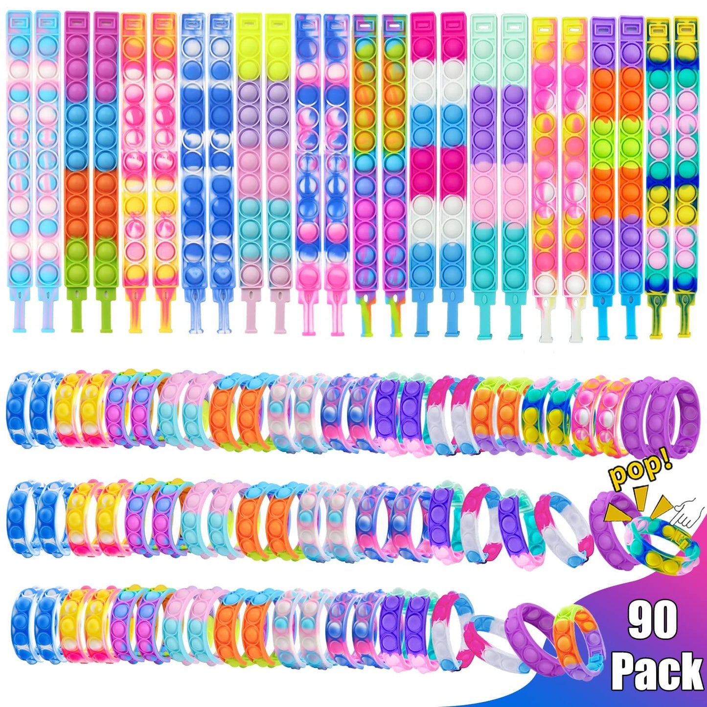 90Pcs Pop Bracelet, Party Favors For Kid, Pop Wrist Strap Fidget Toys Pack ,Fidget Toys For Girils Boys, As Gifts For Easter Chr