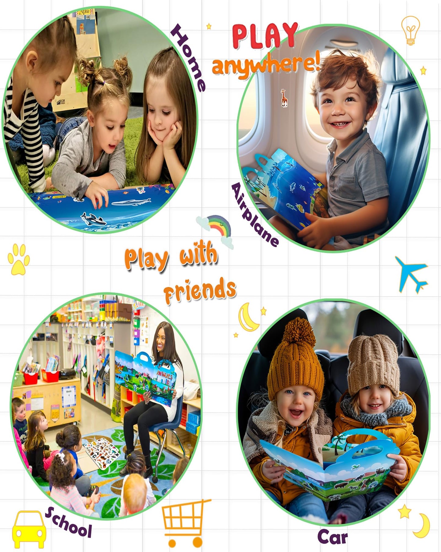 2Pack Reusable Sticker Books For Kids 2-4,Vehicle Cars & Animals 3D Jelly Stickers Activity Busy Book For Toddlers Boys Girls Ro