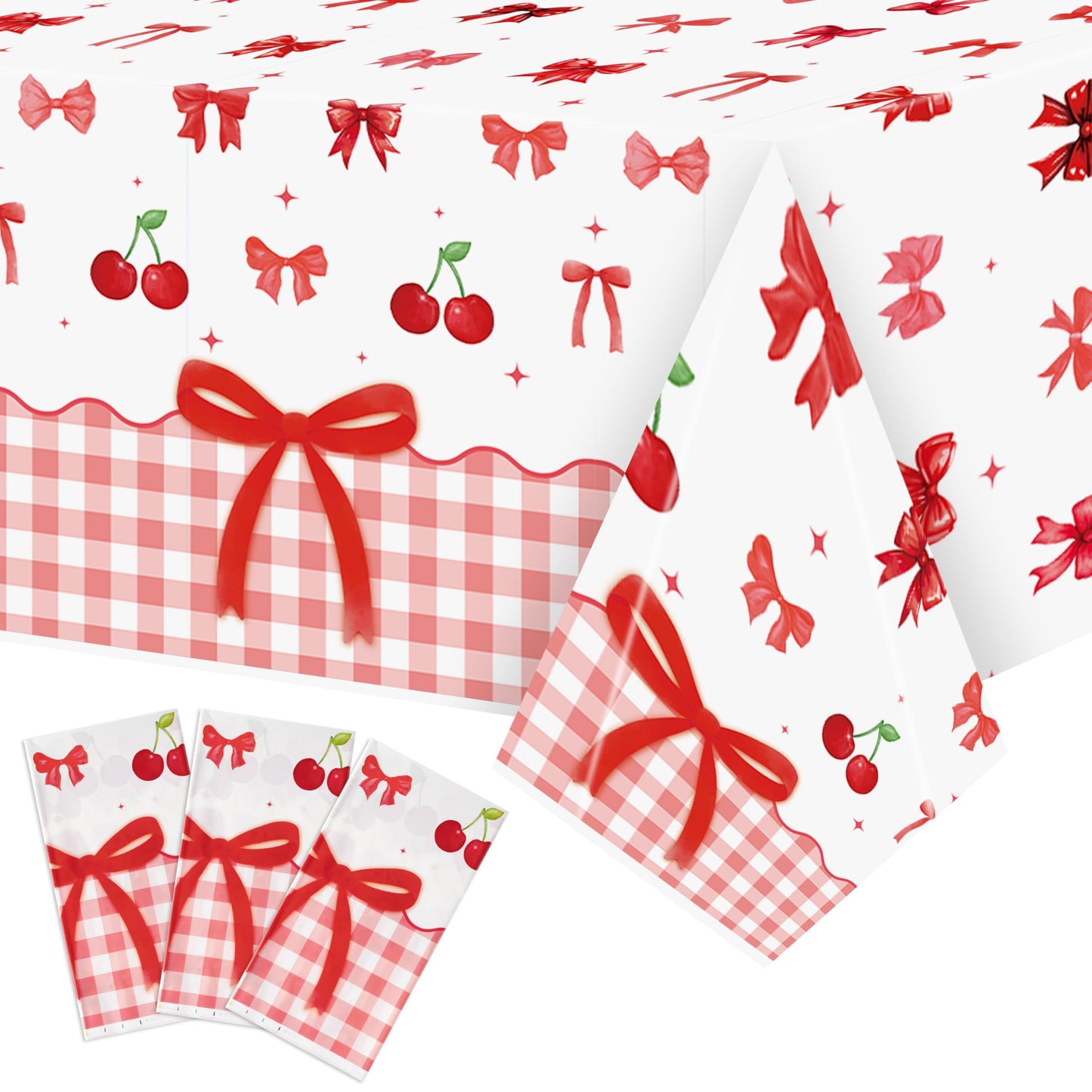 ArianQicult 3Pcs Bow Party Tablecloths - Red Cherry Party Table Covers Decorations Coquette Bow Rectangular Plastic Disposable T