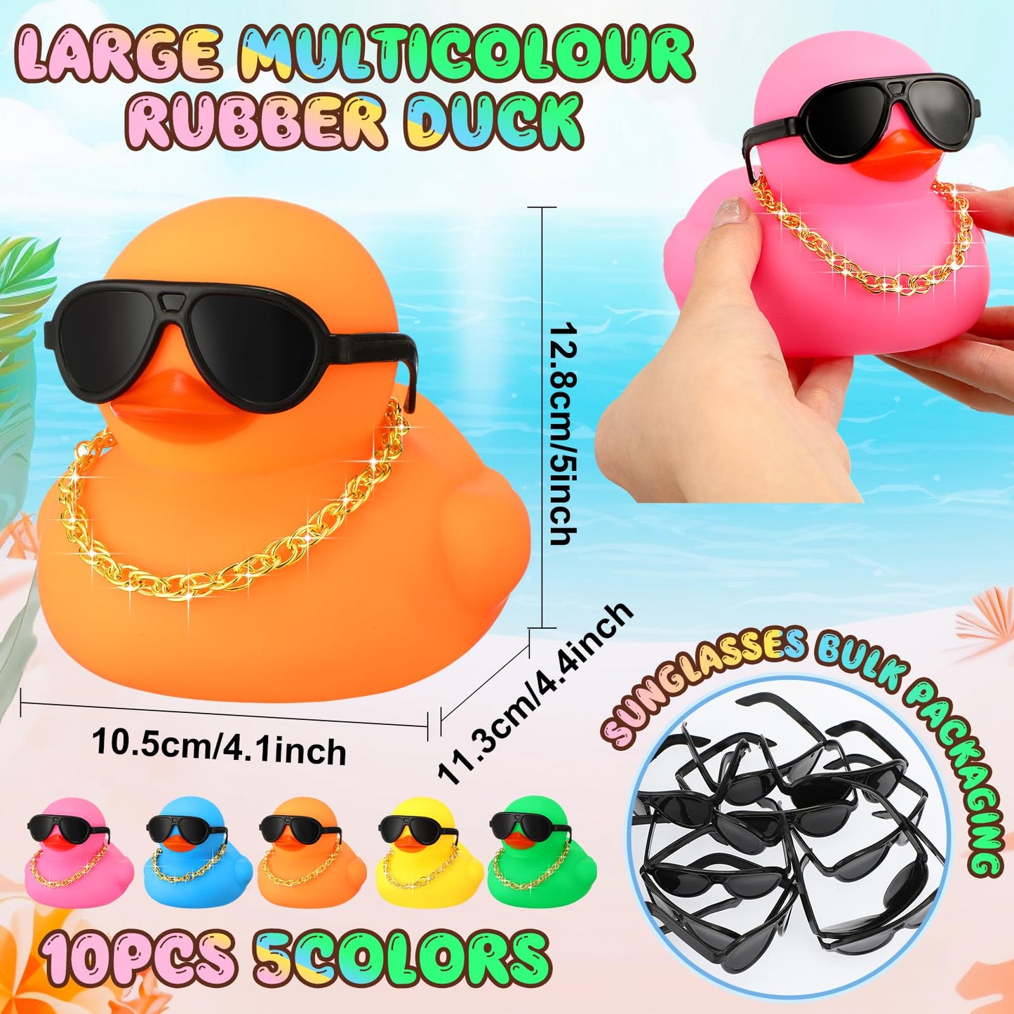 RoundFunny 10 Sets Jumbo Rubber Ducks with Sunglasses 5 Inch Giant Squeaky Rubber Ducks Big Floating Bathtub Toys for Shower Bir