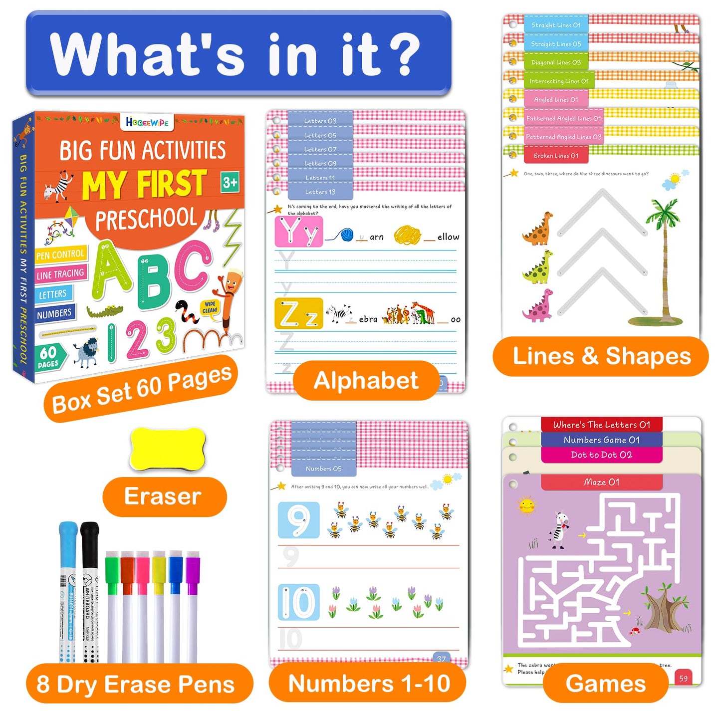 Hoqeewipe Preschool Learning Activities Line Tracing Number Letter For Kids, Wipe Clean Preschool Pre K Workbook Educational Gam