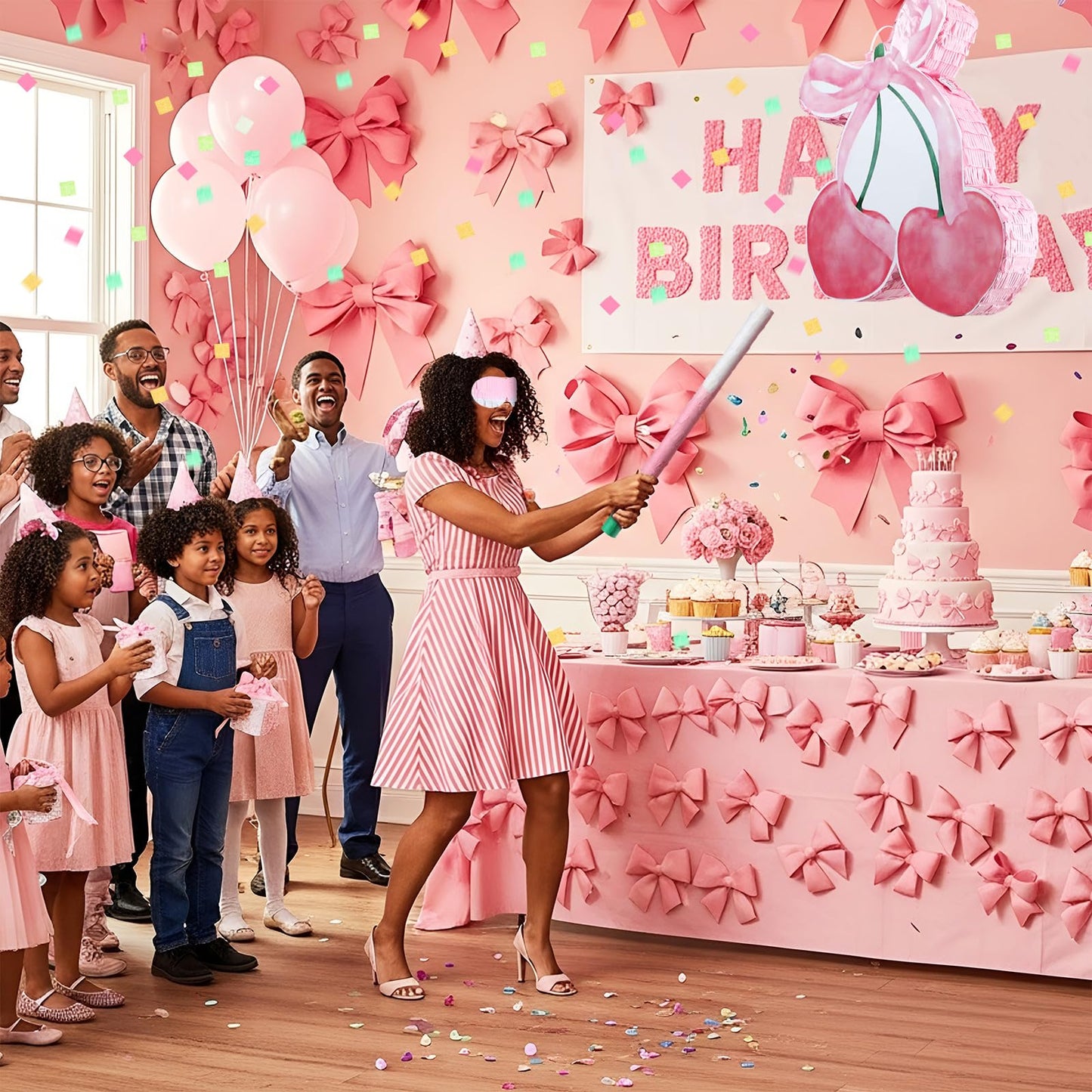 Glimin Pink Bow Piata with Stick Blindfold and Confetti, Shes The Cherry on Top Theme Birthday Party Baby Shower Nursery Decora