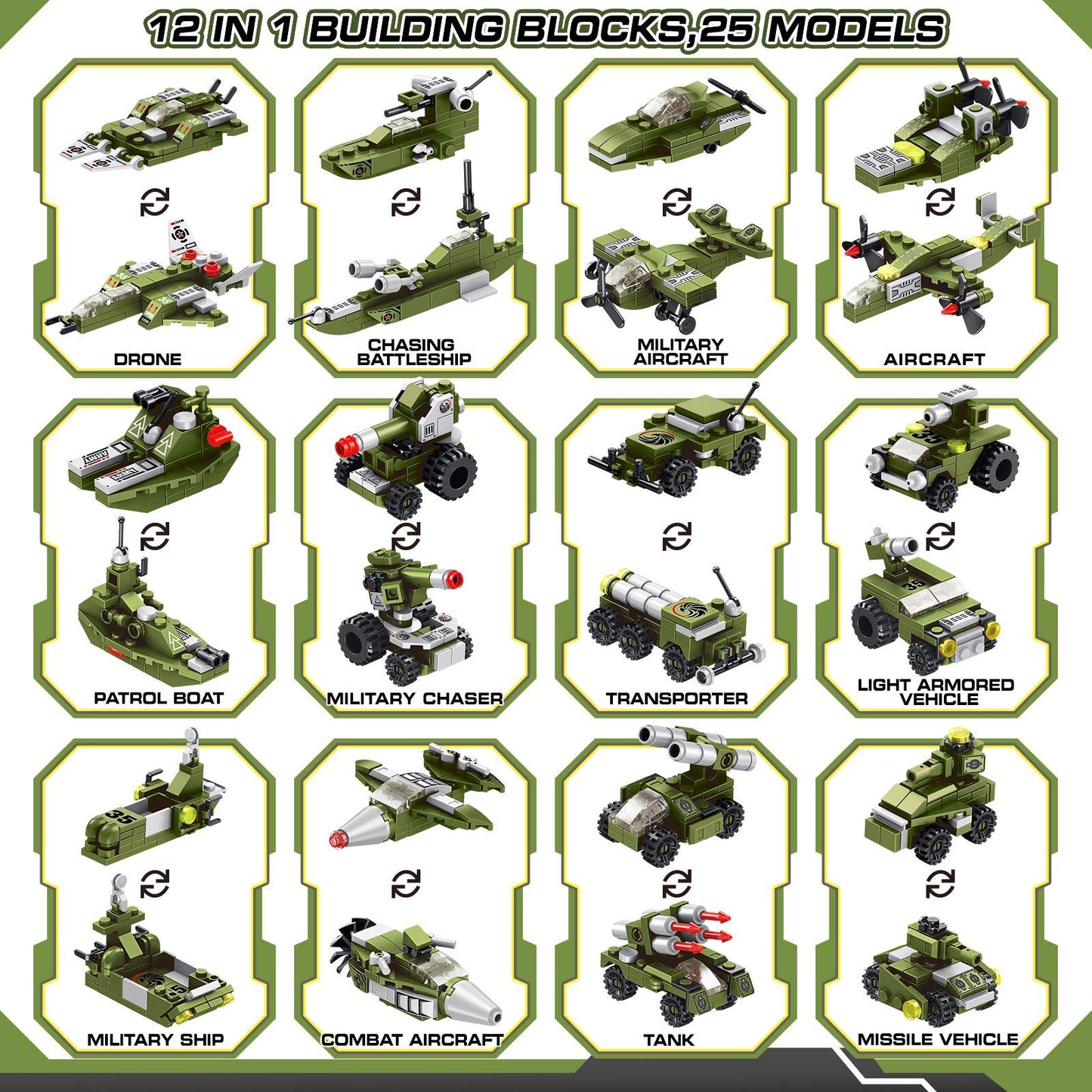 Wideland Stem Building Block Toys, 576Pcs Military Engineering Building Bricks Toy For Kids, 25-In-1 Army Destroyer Fighter Tank Playset Construction Kits, Idea Toy Gifts For Age 6 7 8 9 10+ Years Old