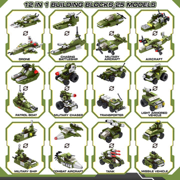 Wideland Stem Building Block Toys, 576Pcs Military Engineering Building Bricks Toy For Kids, 25-In-1 Army Destroyer Fighter Tank Playset Construction Kits, Idea Toy Gifts For Age 6 7 8 9 10+ Years Old