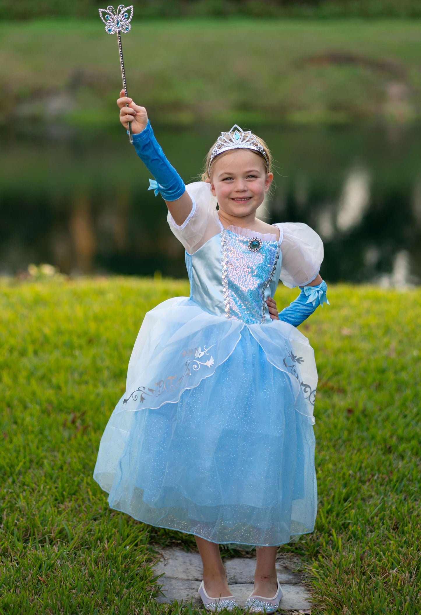 Aolliya Princess Cinderella Dress for Girls Puff Sleeve Princess Costume Fancy Dress Up for Halloween Cosplay Carnival Blue