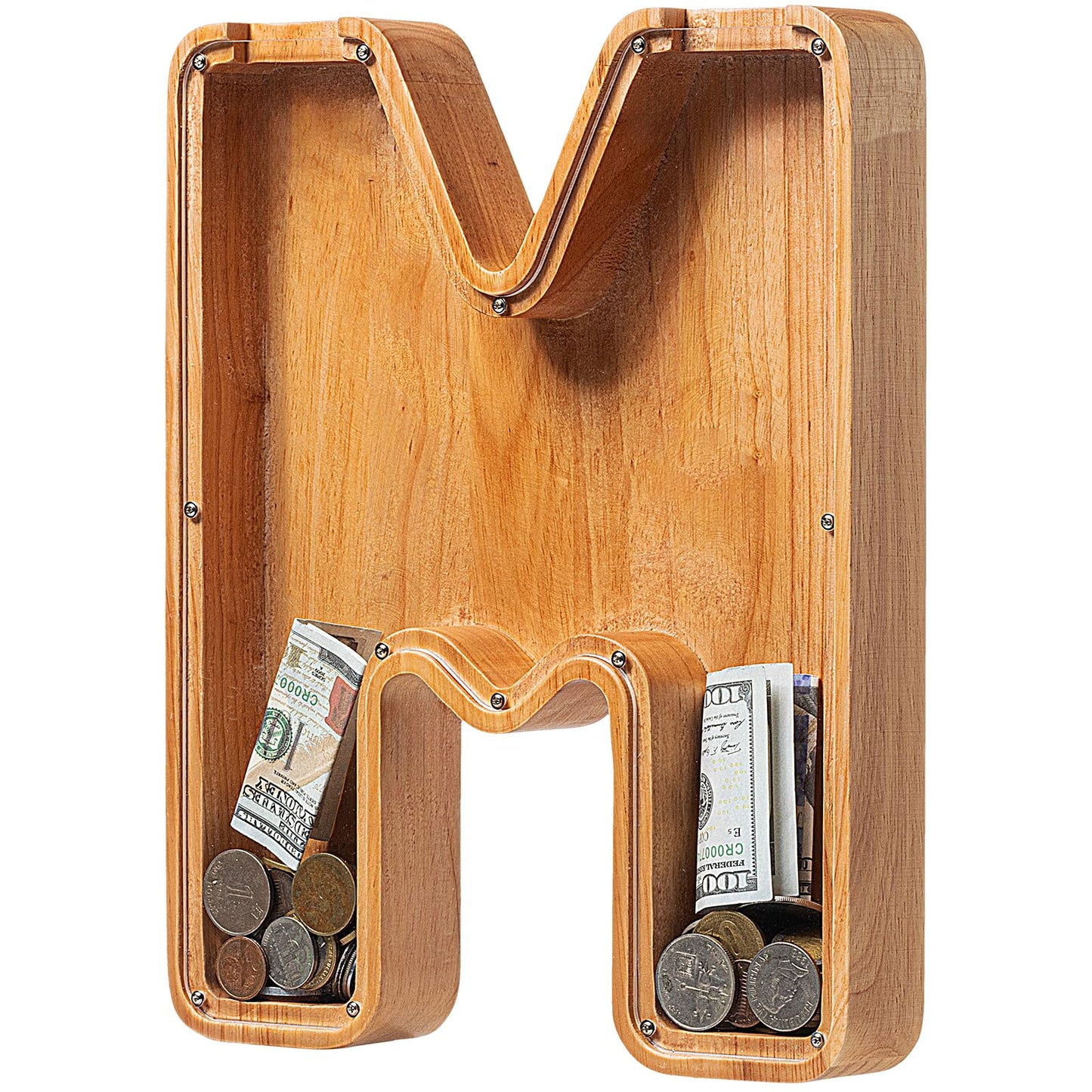 Piggy Bank For Kids Boys Girls, Large Personalized Wooden Letter Piggy Bank With Cut-Out Design, Alphabet Letter Coin Banks, Money Savings Box, Wooden Bank For Kids Creative Gift For Real-Money(M)