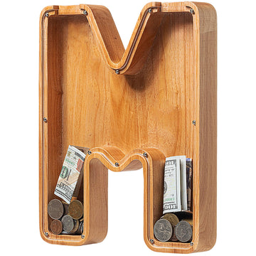 Piggy Bank For Kids Boys Girls, Large Personalized Wooden Letter Piggy Bank With Cut-Out Design, Alphabet Letter Coin Banks, Money Savings Box, Wooden Bank For Kids Creative Gift For Real-Money(M)