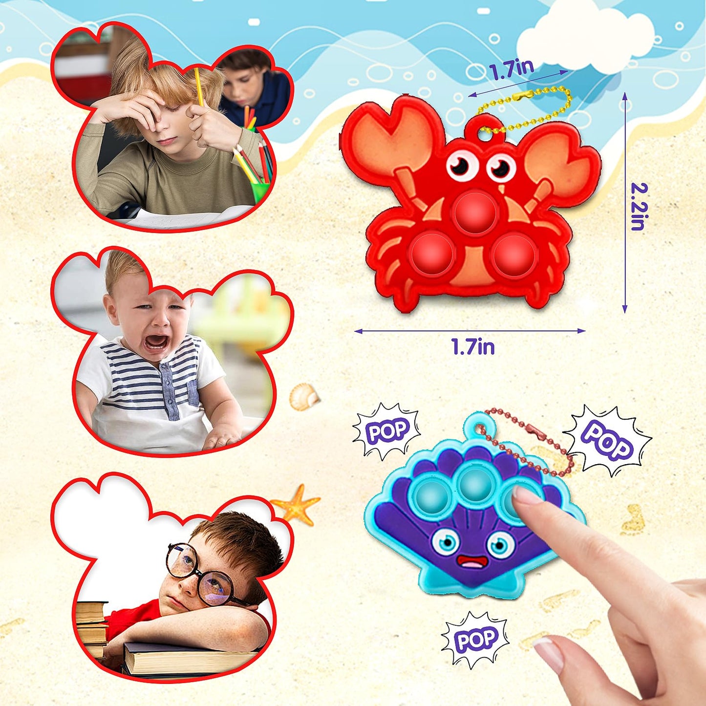 Party Favors For Kids 16Pcs Sea Animal Mini Pop Keychain Under The Sea Party Favors Goodie Bag Stuffers Carnival Birthday Gifts Classroom Small Prizes For Kids
