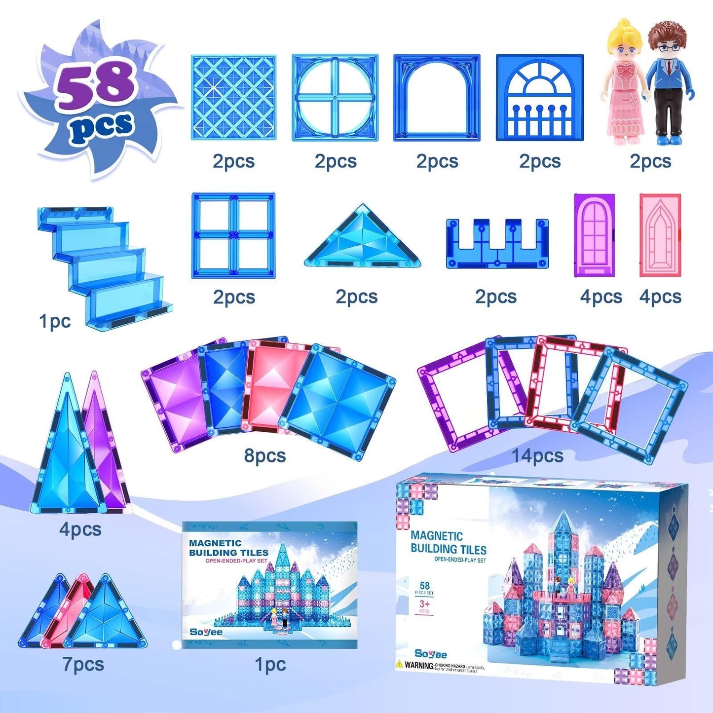 Soyee Diamond Magnetic Building Blocks - Frozen Princess Toys, 2.75" Size, Blue/Pink/Purple, Ideal for 3-8 Year Old Kids, Model SY-58