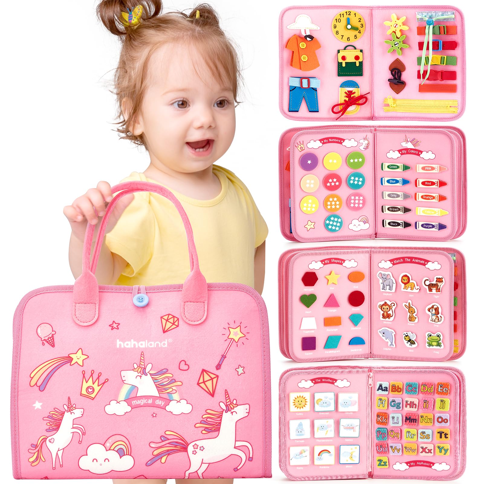 hahaland Toddler Busy Board Montessori Toys  3 Year Old Girl Gifts Preschool Educational Learning Toys with Life Skills  Alphabet  Number  Shape  Color  Toddler Girl Stocking Stuffers Travel Busy Book