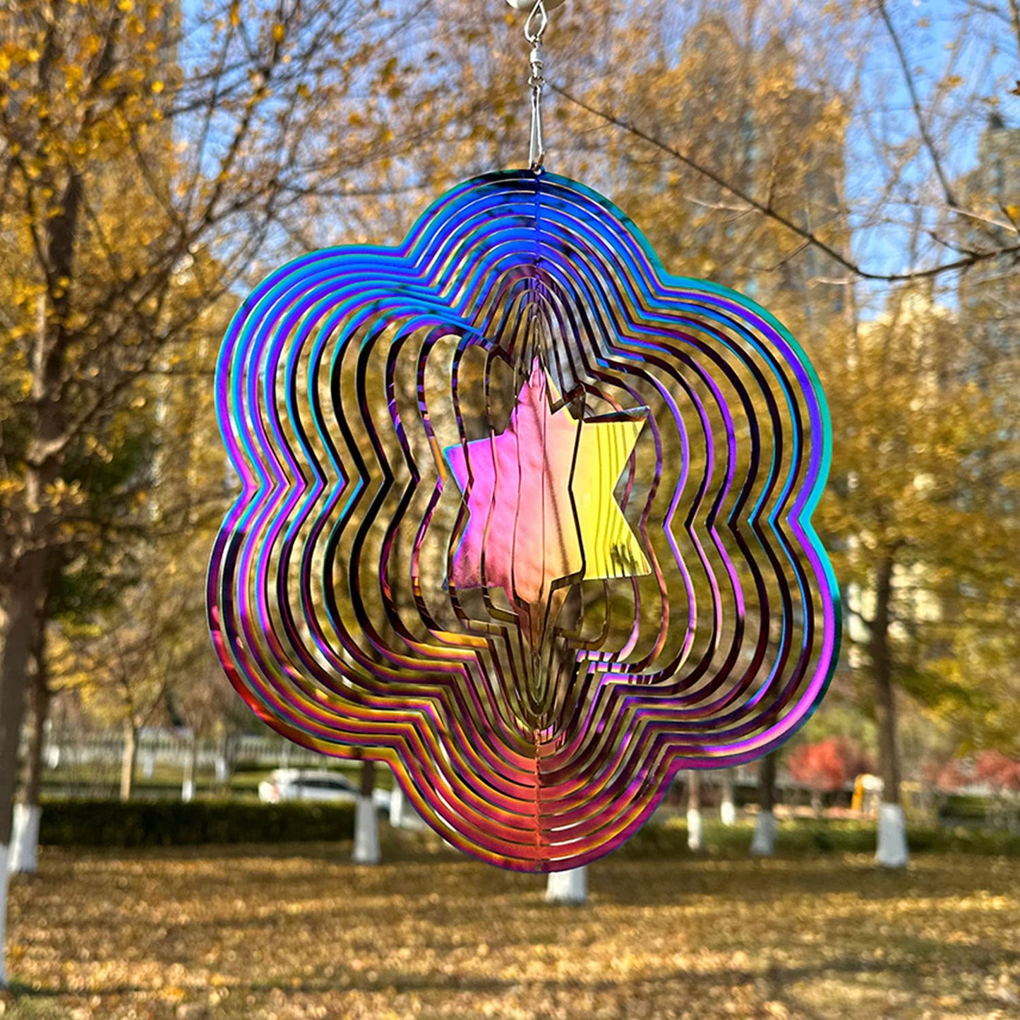 Dinoneyi Wind Spinner Outdoor Metal 3D Wind Spinner Hanging Yard Garden Decor Gifts Stainless Steel Six-Pointed Star Spinners Wi