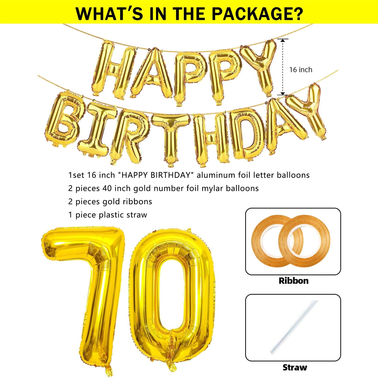 SHUNTAI 70th Birthday Decorations - Gold Jumbo Number 70 Foil Balloons, 16" & 40", Aluminum, Happy Birthday Banner for 70 Years Old Party