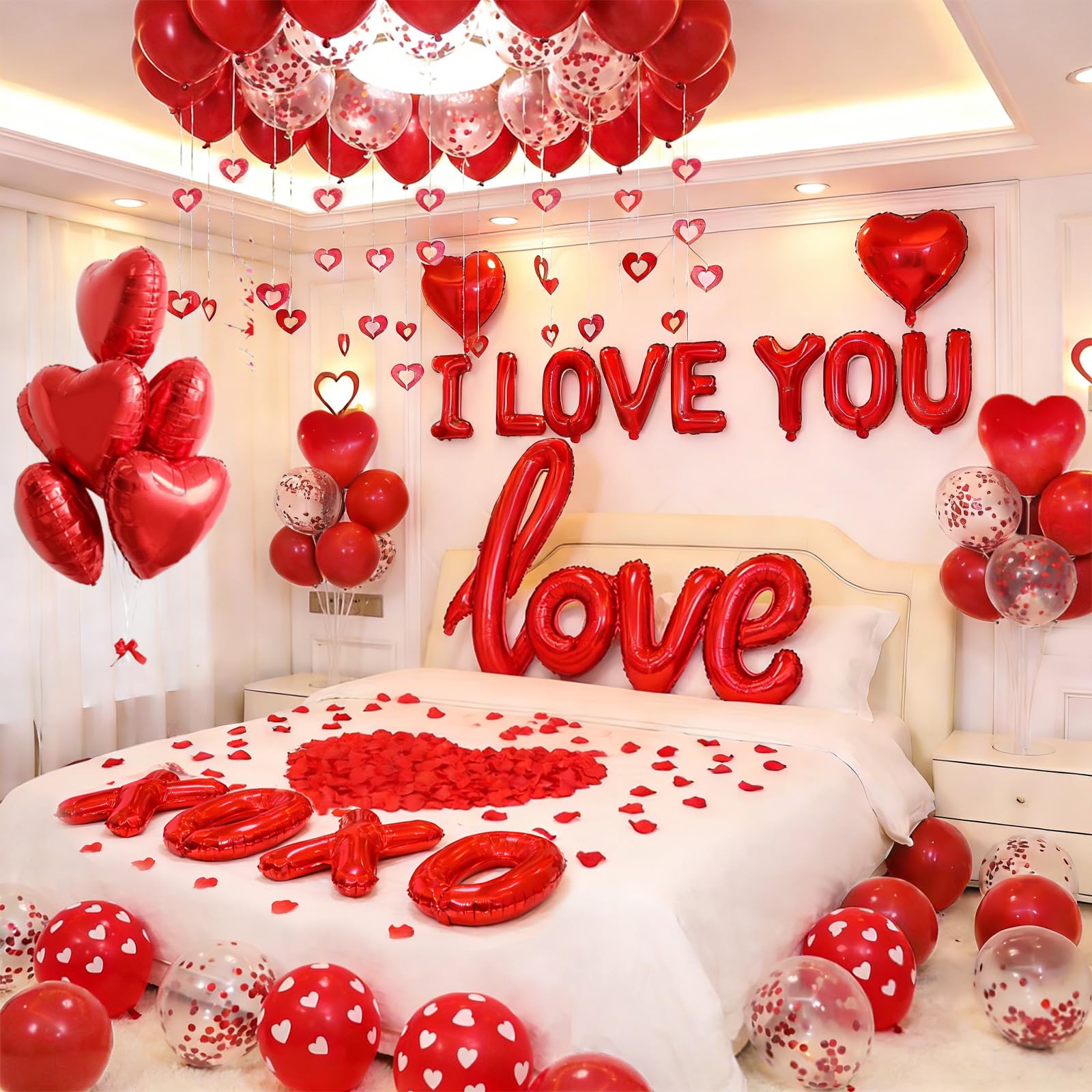1100PCS Valentines Day Balloons Kit with XOXO, Red Heart and I Love You Balloons,1000 Silk Rose Petals, 50 Heart Hangers for Va