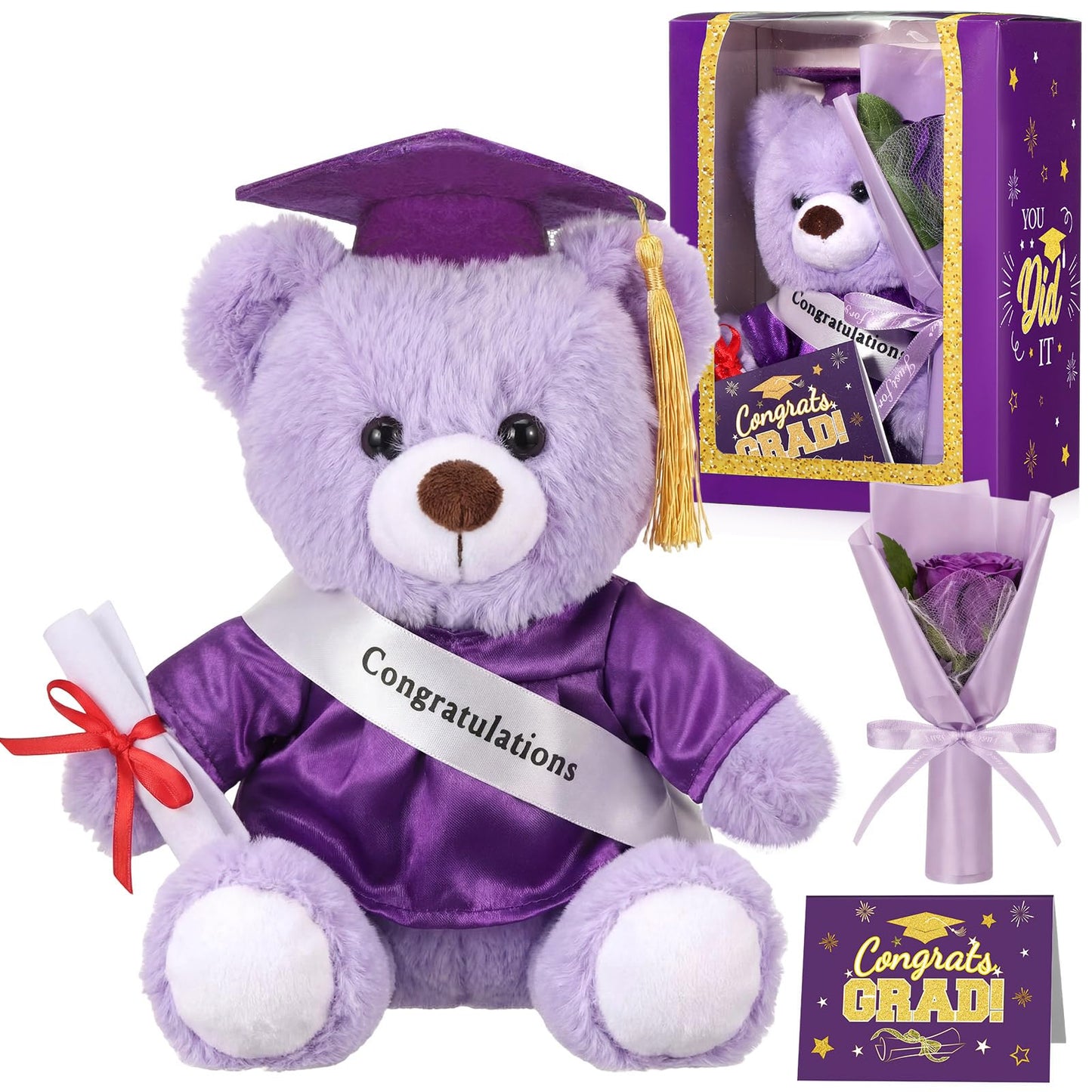 Hollowfly Graduation Bear Gifts Set Include Graduation Bear of 2026 Stuffed Animal with Cap and Gown, Artificial Flower, Graduat