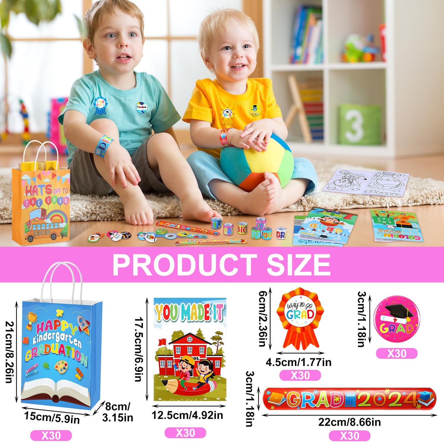 Fuyoooo 180 Pcs Kindergarten Graduation Party Favor Set Include 60 Slap Bracelets 30 Coloring Books 30 Paper Bags 30 Button Pin