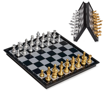 Big Mo's Toys Magnetic Travel Chess Set - Folding Board, Portable, Metal, Silver, 9.7" - Great Travel Toy for Kids and Adults