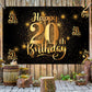 NC Happy 20th Birthday Backdrop Banner, 20th Size, Glitter Gold & White, Polyester, Step and Repeat Decorations for Photography Party Supplies