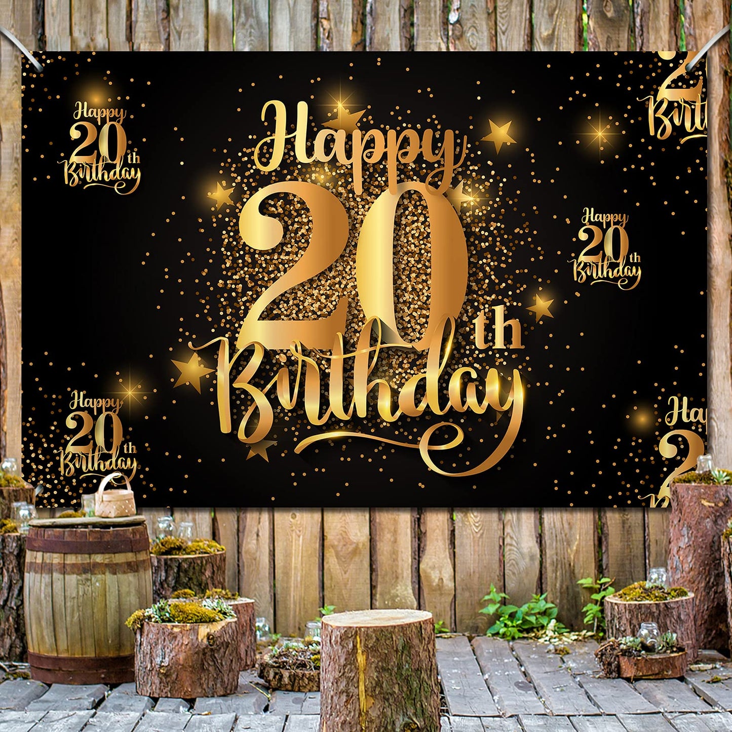 NC Happy 20th Birthday Backdrop Banner, 20th Size, Glitter Gold & White, Polyester, Step and Repeat Decorations for Photography Party Supplies