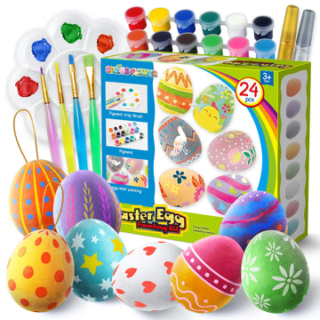 Easter Colorful Eggs Painting Kit-Paintable Eggs With Doodle Kit For Diy Design-Hanging Flocking Eggs With Rope For Easter Decoration, Egg Hunts, Basket Stuffers, Easter Gift,24Pcs