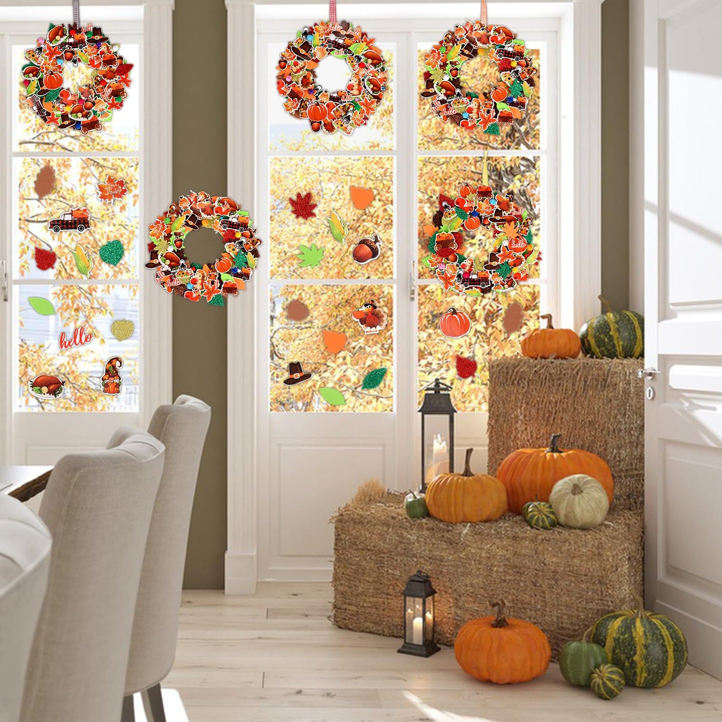 12 Sets Thanksgiving Wreath Decorations, Thanksgiving DIY Foam Wreath Signs Fall Craft Kit Turkey Maple Leaves Pumpkin Foam Stic