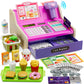 HYES Kids Cash Register Toys, Rechargeable Wooden Toddler Pretend Play Supermarket & Fast Food Restaurant, Cashier Toy with Play