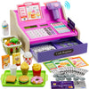 HYES Kids Cash Register Toys, Rechargeable Wooden Toddler Pretend Play Supermarket & Fast Food Restaurant, Cashier Toy with Play