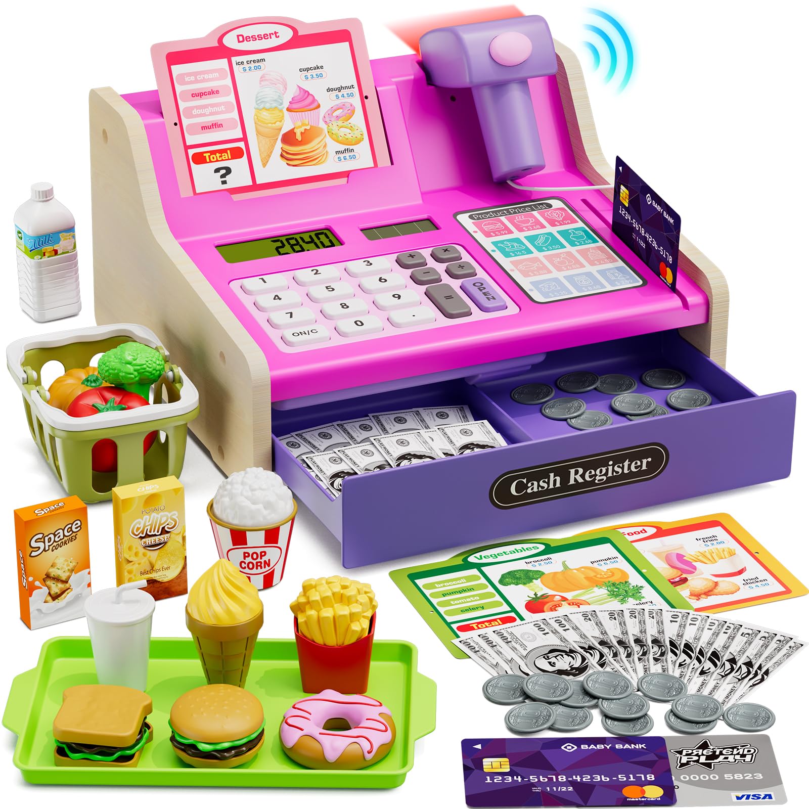HYES Kids Cash Register Toys, Rechargeable Wooden Toddler Pretend Play Supermarket & Fast Food Restaurant, Cashier Toy with Play