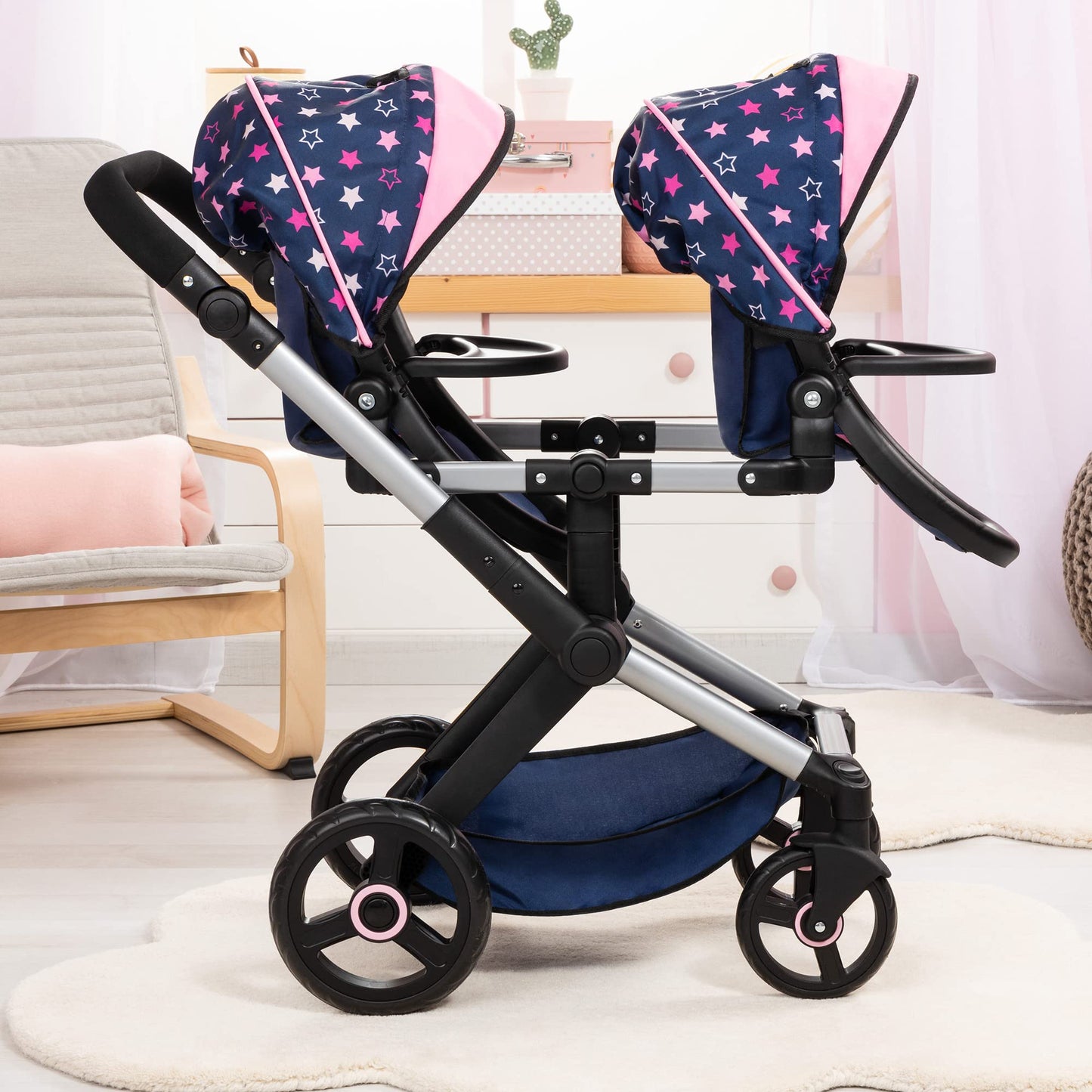Bayer Design Dolls: Xeo Twin Pram: Stars Navy & Pink - Matching Handbag, Adjustable Handle, Dolls Up to 20, Ages 3+