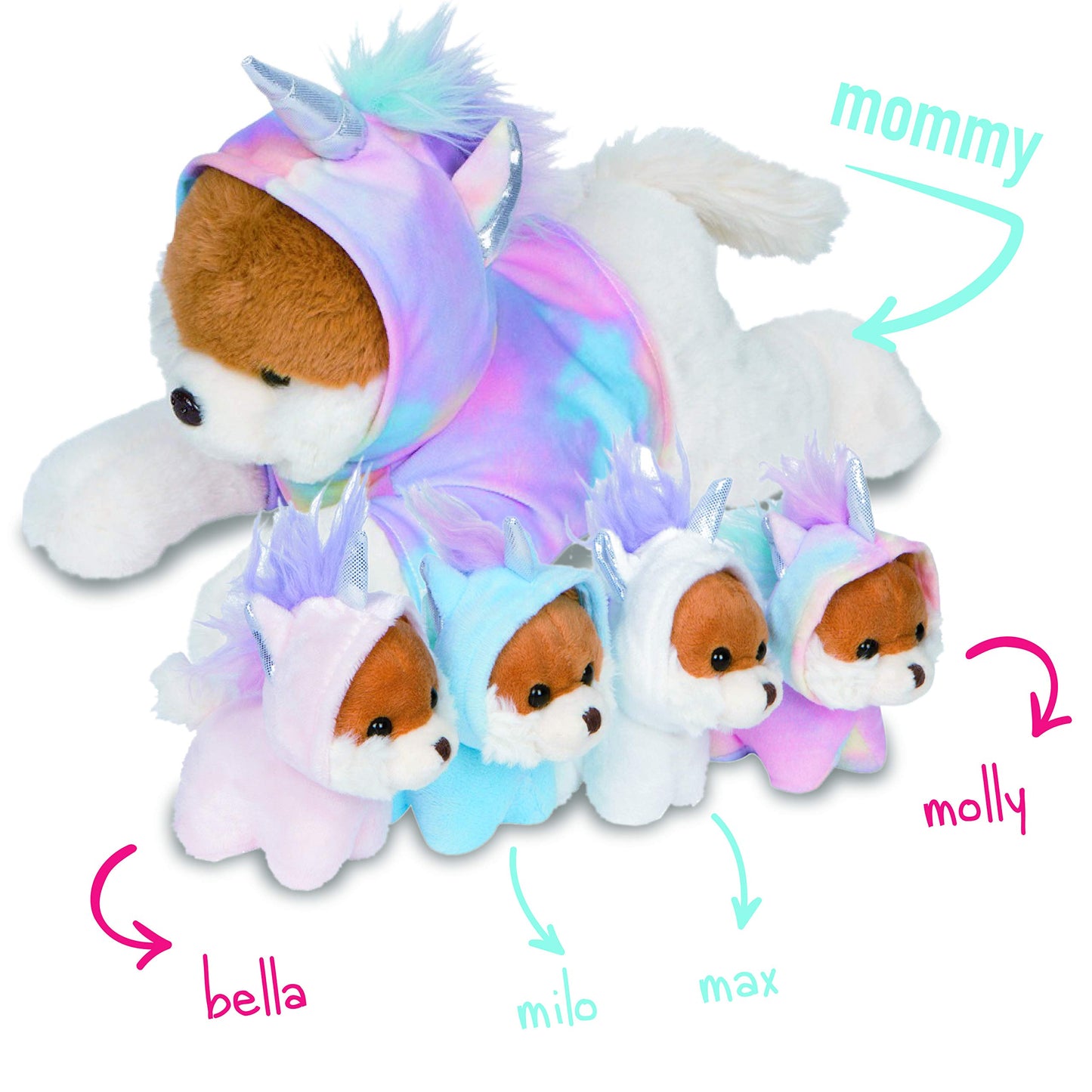 PixieCrush Snugababies Plush Stuffed Dogs & Puppies in Rainbow Unicorn Hoodie for Girls Ages 3-8 | Model CGPUPFAM3