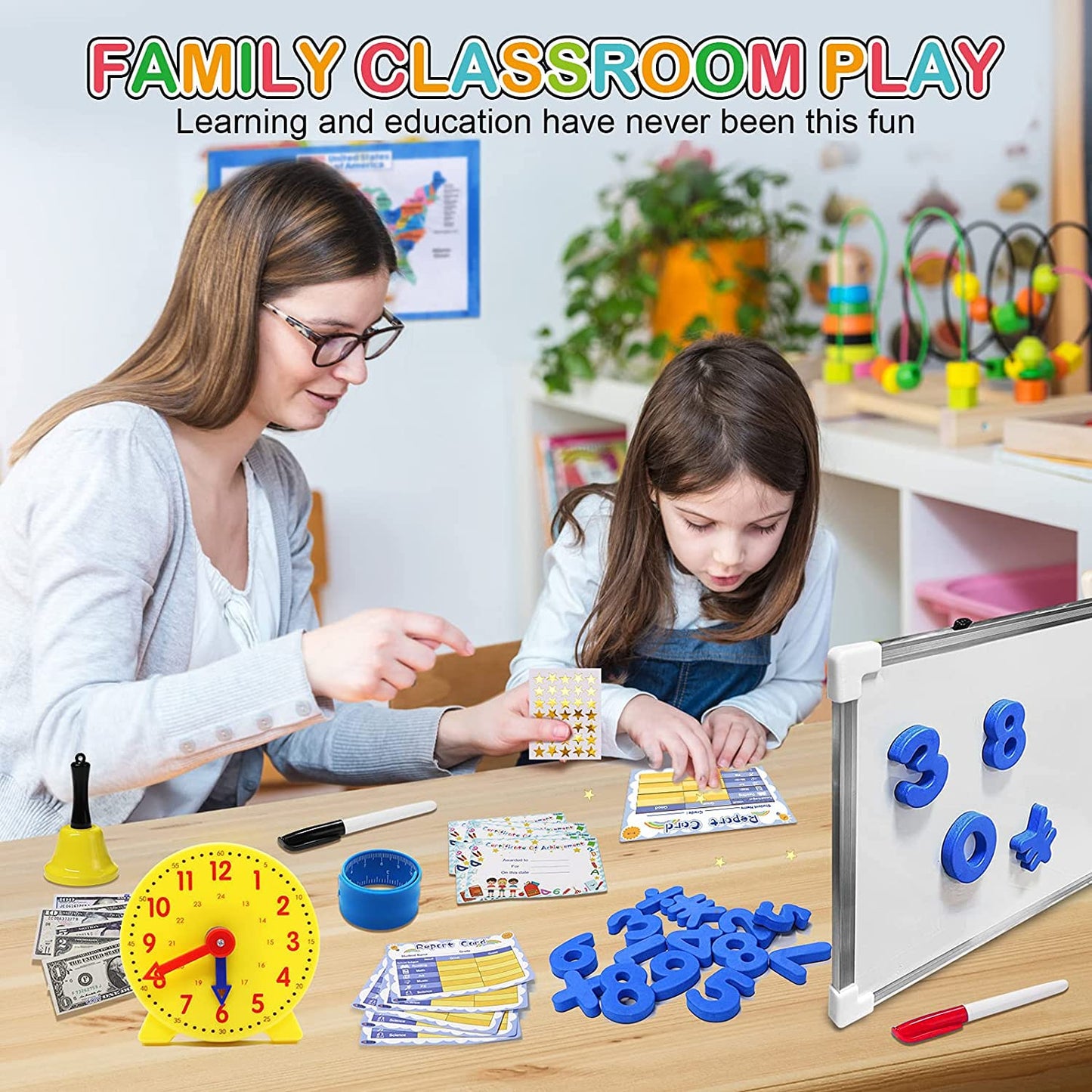 Alritz Pretend Play Teacher Set - Classroom Learning Education Gifts Includes Reusable White Board Bell Clock And More, Be Teacher Or Student, Toy Gift For Boys Girls 5 6 7 8 9 10 11 12 Years Old