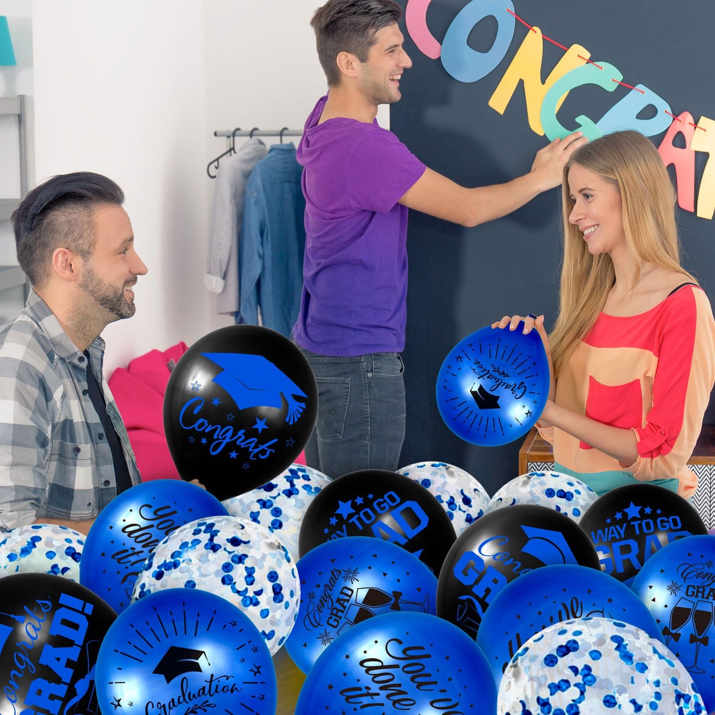 Whaline 60Pcs Graduation Party Balloon Set 7 Designs Confetti Latex Balloon With 2 Rolls Ribbon Grad Cap Congrats Grad Balloon For Graduation Party Decoration Supplies (Blue, Black)