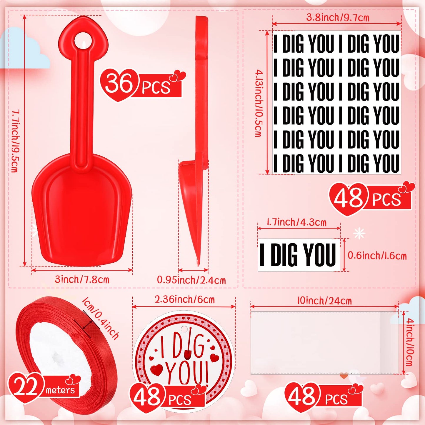 Chumia 85-Piece Valentine's Day I Dig You Shovels with Stickers, Tags, and Candy Bags for Party Favors