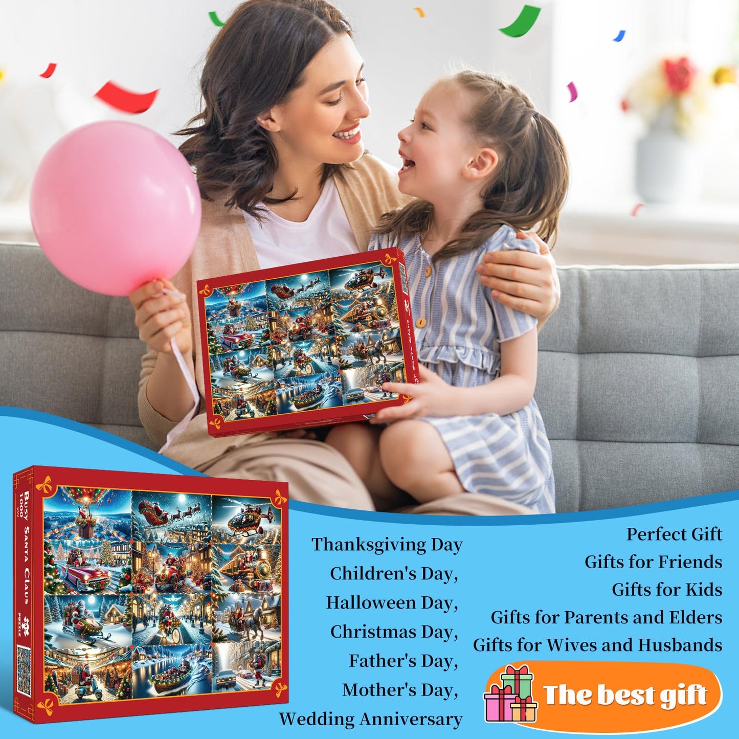 Christmas 1000 Piece Puzzle For Adults, Busy Santa Claus Jigsaw Puzzle Challenging Night Game, Winter Holiday Puzzles Interlock