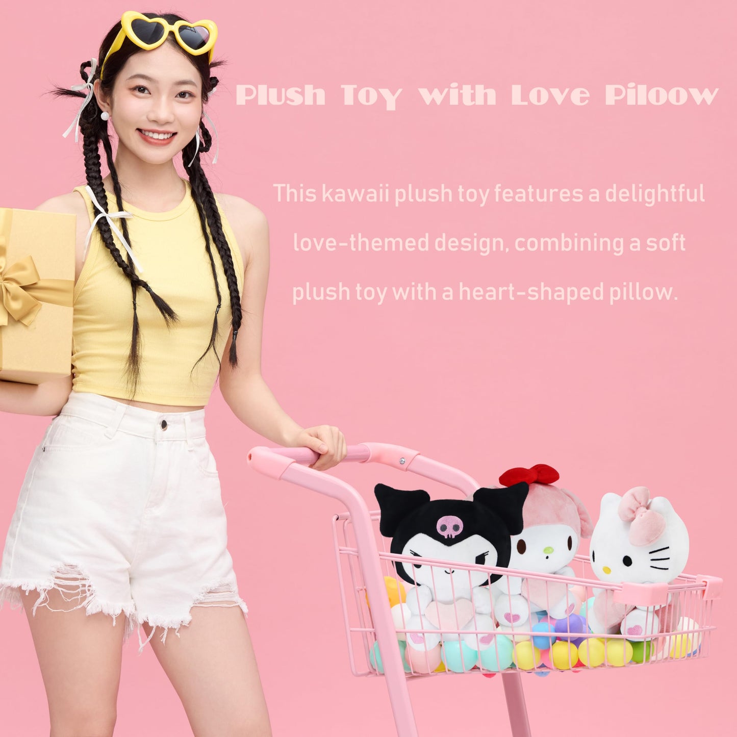 Coaqac Kawaii Plush Toy With Love Piloow, Soft Cartoon Plush, Theme Party Favor, Birthday Gift For Girls Boys (Black A)