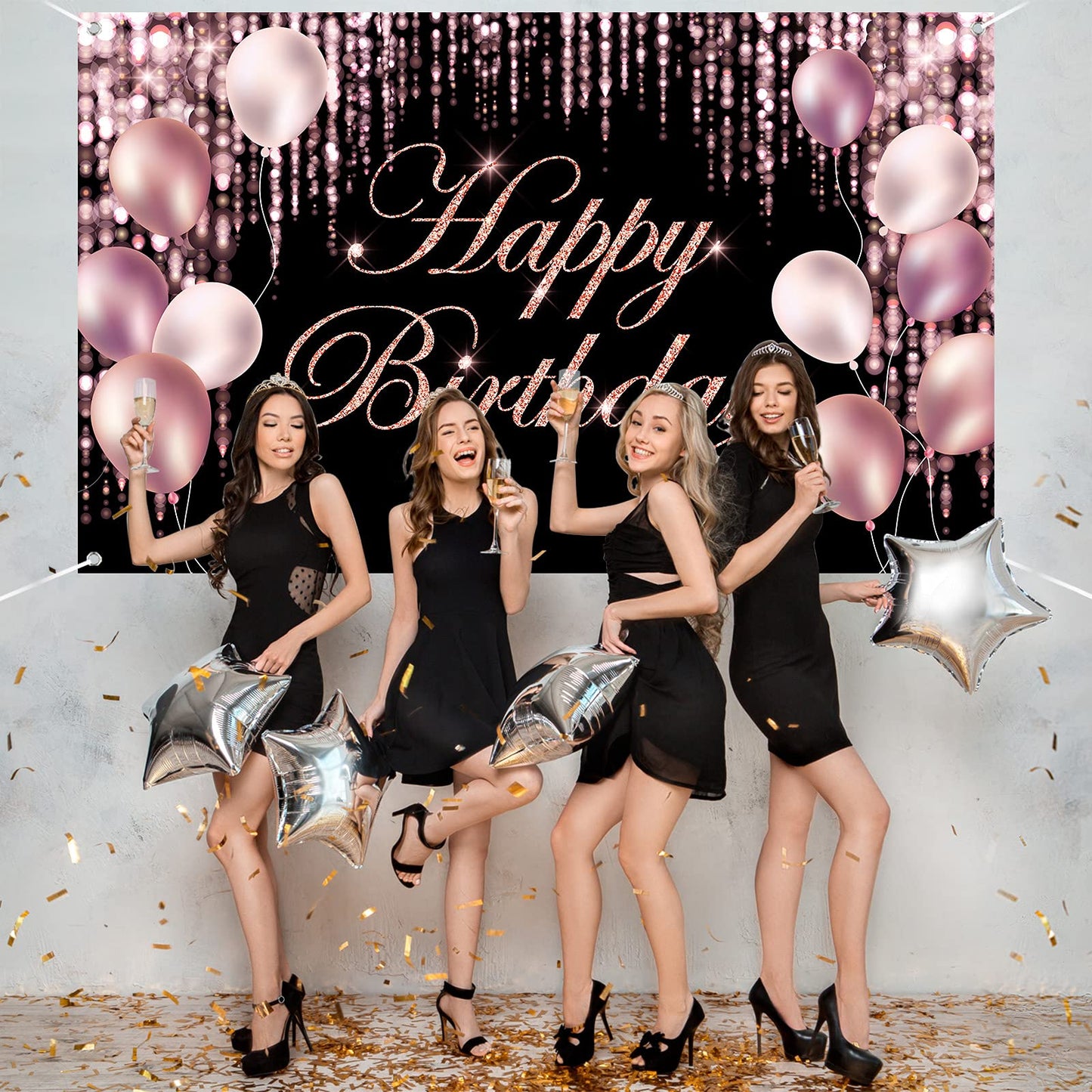 Rose Black Happy Birthday Banner Backdrop Large Yard Sign Background Its My Birthday Backdrop Baby Shower Party Indoor Outdoor
