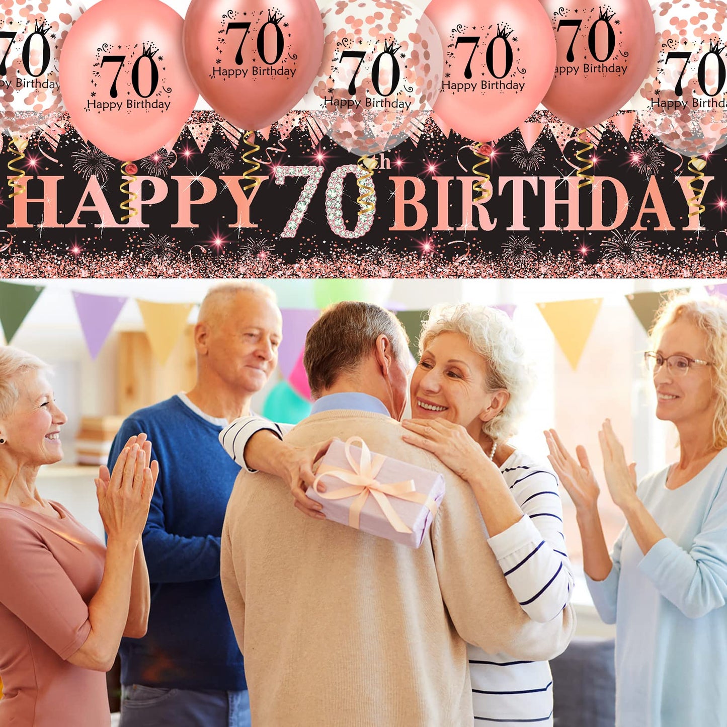 70Th Birthday Decorations For Women, Large Black Rose Gold Happy 70Th Birthday Yard Banner And 18Pcs Rose Gold 70Th Birthday Party Decorations Balloons For Women Men, 70 Years Old Party Supplies
