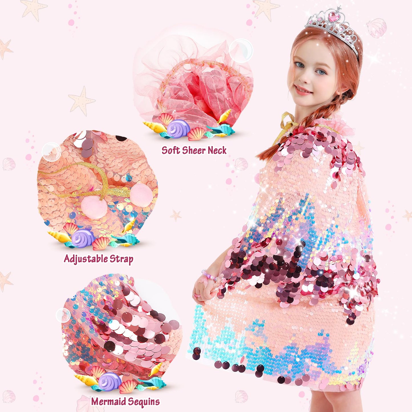 Limiroler Princess Dress Up Toys Mermaid Dress Up Cape Kit 9 Pcs Gift Set For Little Girls 3-8 Years Old, Princess Dress Up Clothes Set Gift For Birthday Christmas Party Halloween (Pink)
