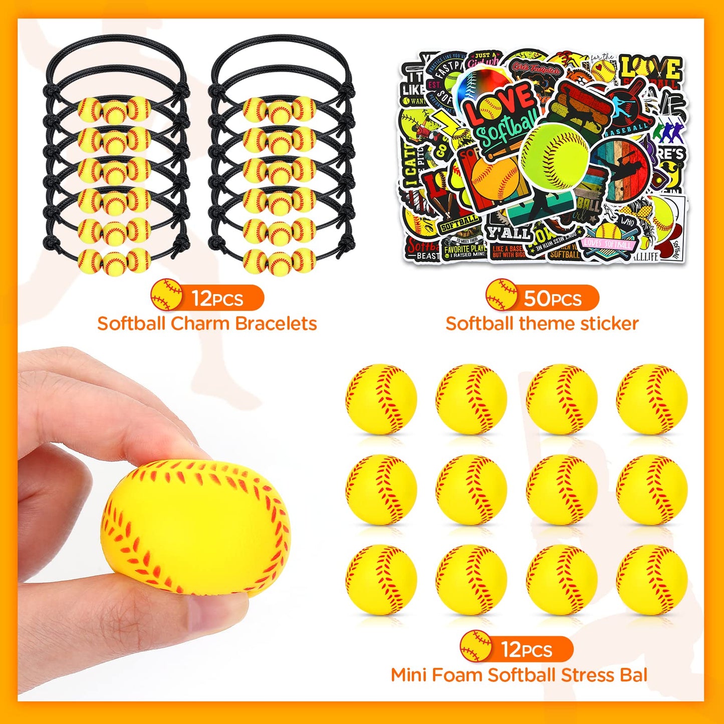 74 PCS Softball Party Favors Softball Charm Bracelets Sports Softball 1.6Foam Ball 50 Softball Stickers Decorations Softball Wri