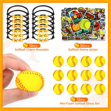 74 PCS Softball Party Favors Softball Charm Bracelets Sports Softball 1.6Foam Ball 50 Softball Stickers Decorations Softball Wri