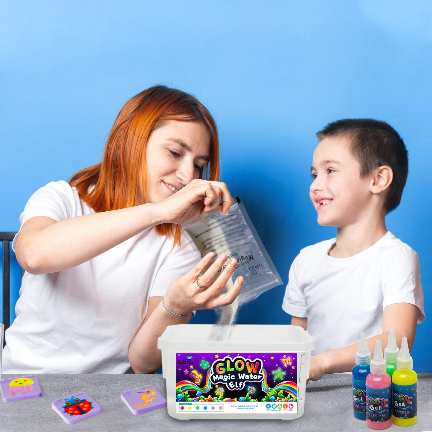 Kiditos Magic Water Elf Powder Refill Kit, 5 Packs, Calcium Lactate, Aqua Fairy Water Gel, White, Model MWET-MP-5