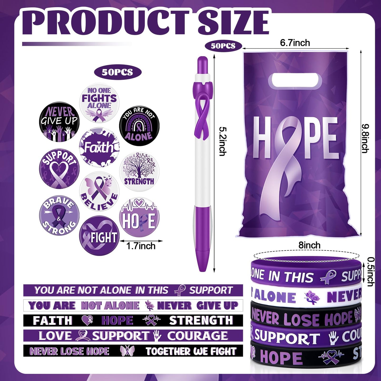 Supervitae 200 Pcs Purple Ribbon Awareness Accessories, Include 50 Purple Ribbon Gift Bags 50 Purple Awareness Wristband 50 Purp