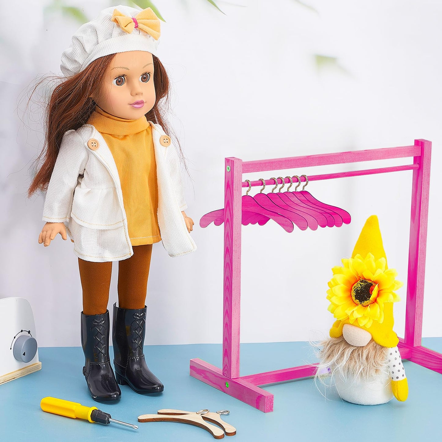 Civaner 11 Pcs Doll Garment Rack With Wooden Clothes Hanger For 18 Inch Girl Doll Clothes Mini Hangers Wardrobe Furniture Access