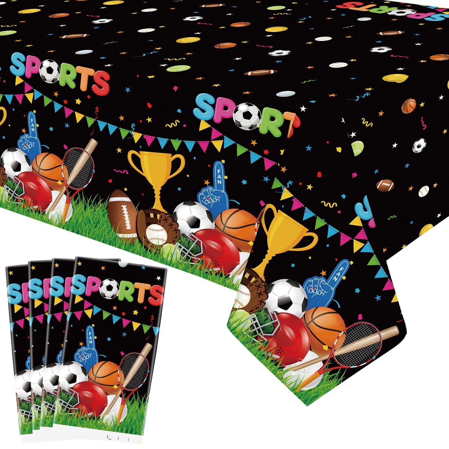 4 Pack Sports Themed Party Decorations - Baseball Basketball Football Soccer Tablecloth For Sports Birthday Party Supplies, Supe